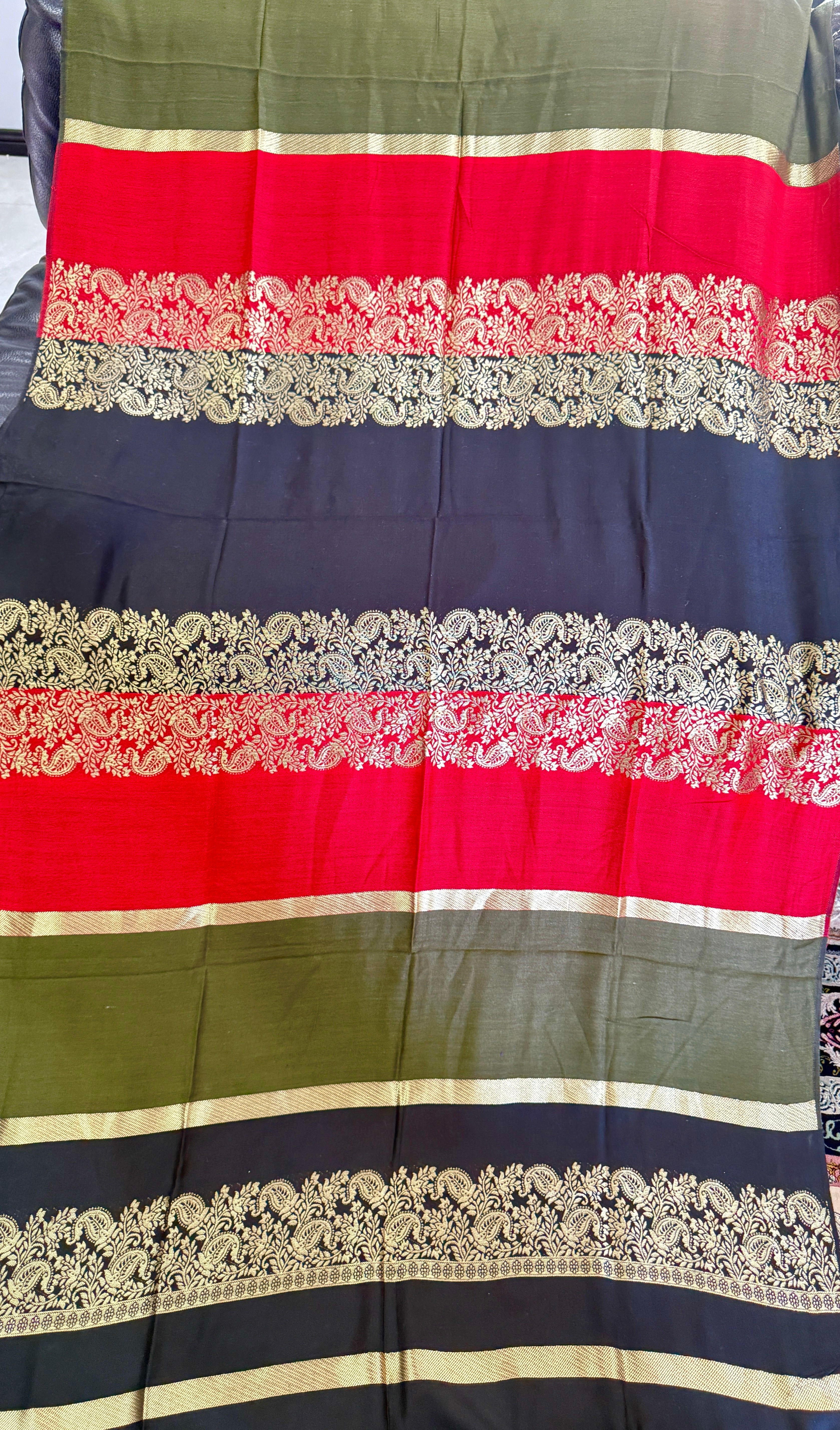 Striped Silk Dupatta – Olive, Red & Navy