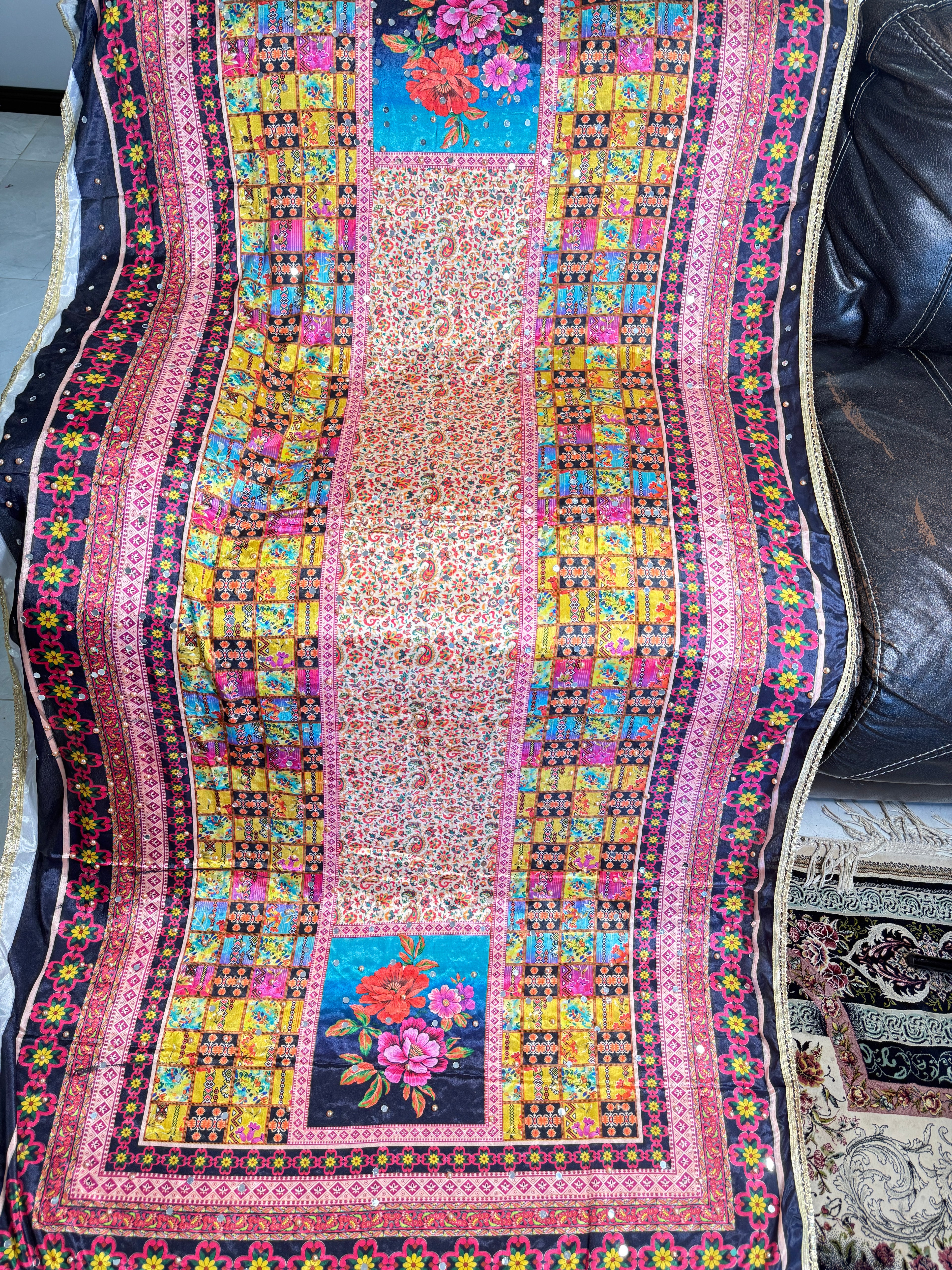 Printed Dupatta – Saffron & Turquoise Floral