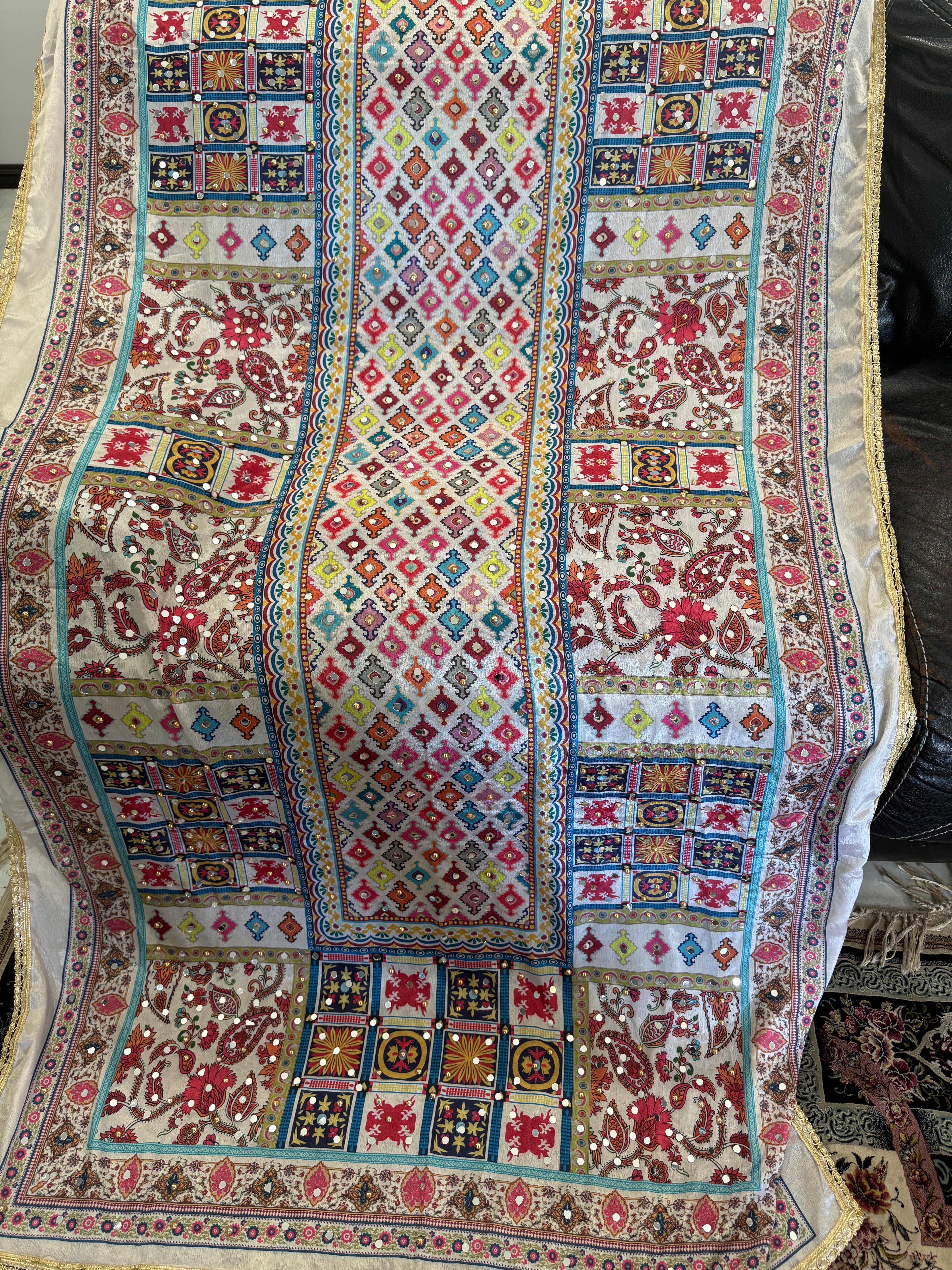 Phulkari Dupatta – Vibrant Orange with Floral Threadwork